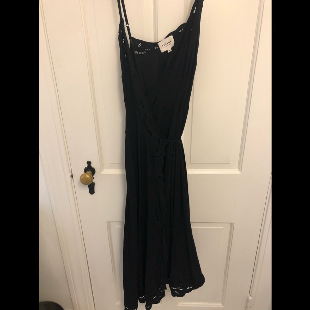 Sezane black midi dress with tie waist